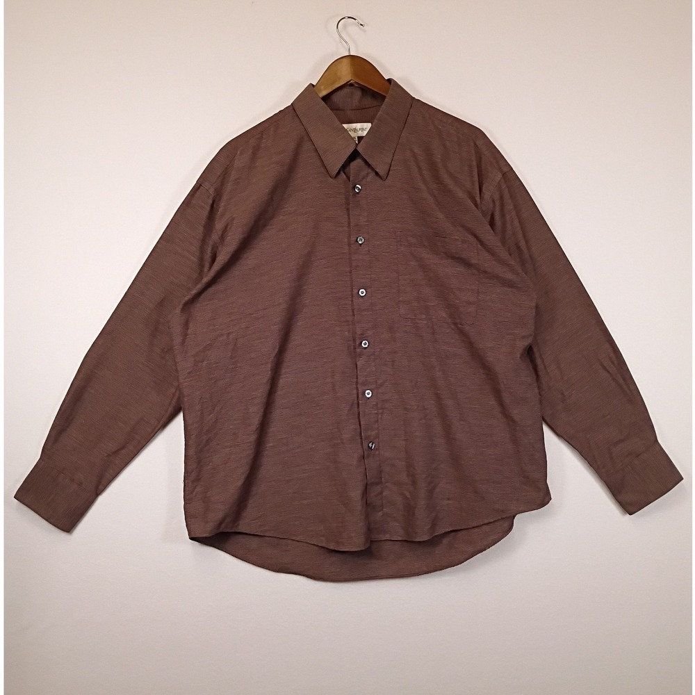 Vintage YSL Mens XL Brown Burgundy Textured Button Down Shirt Luxury Dress